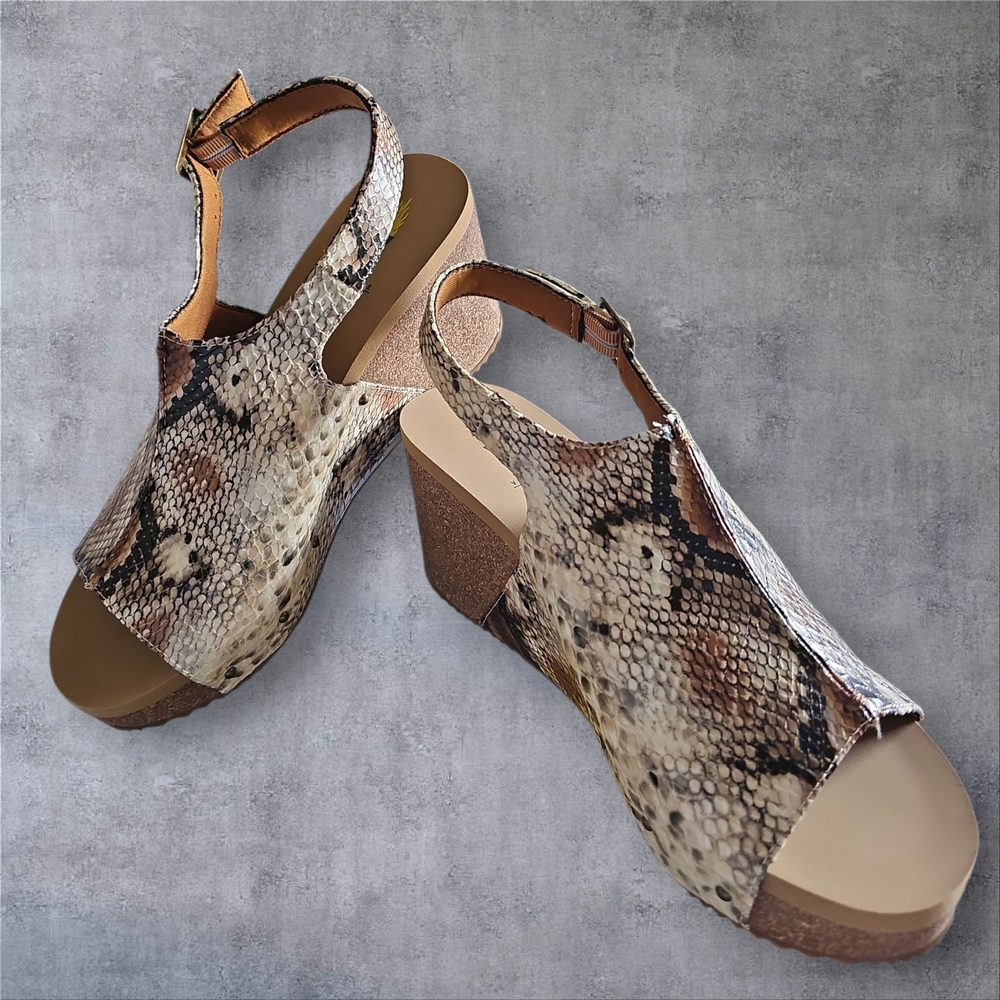 Volatile Snake-Print Slingback Wedge Sandals in Brown and Cream